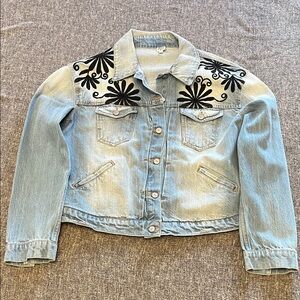 Ivy Jane Light Blue Denim Jacket with Black Floral Embroidery